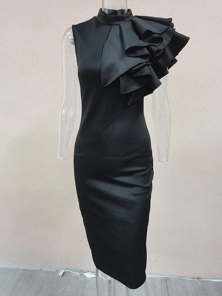 Summer Fashion Bodycon High Neck Sleeveless One Shoulder With Flower Ruffle Elegant Evening Dress - Smarsty