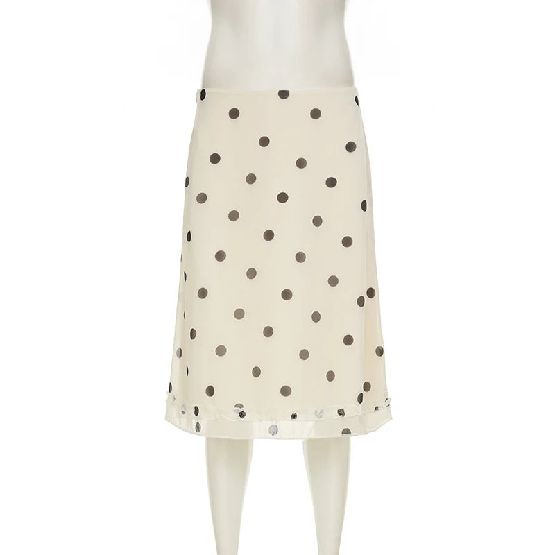 BIIKPIIK Casual Women Polka Dot Skirts Lettuce Trim Beige Elegant Midi Skirts Streetwear Simple All-match Bottom Clothing Spring - Smarsty