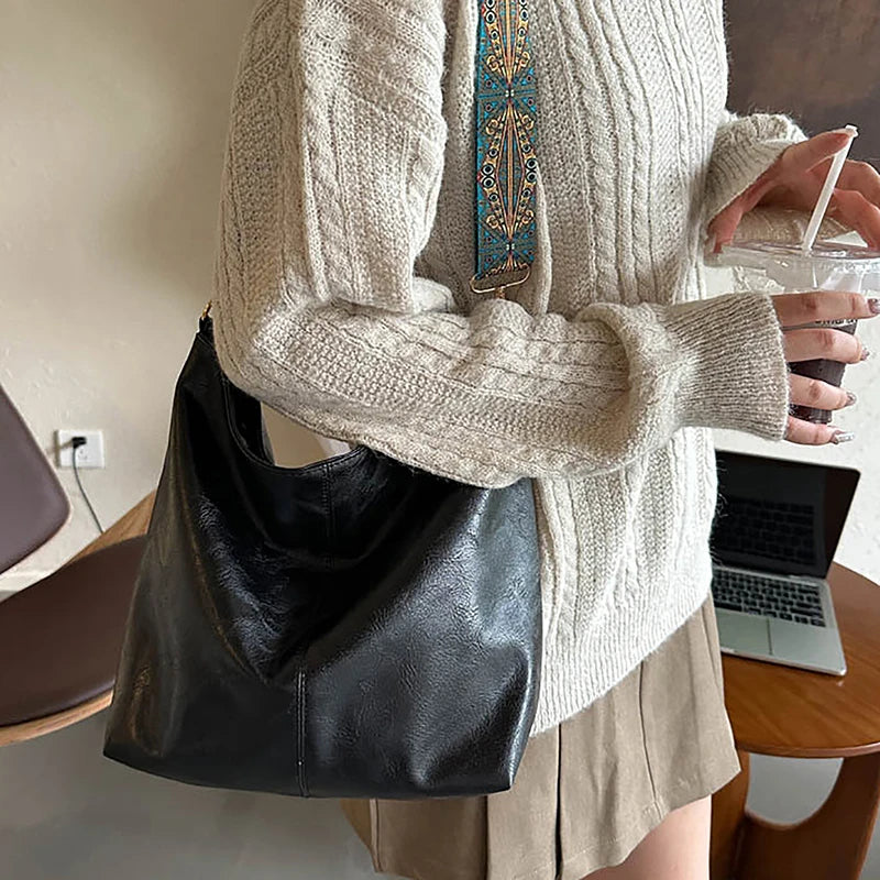 Wide Geometric Strap Shoulder Bag Large Capacity Crossbody Bags For Women,Retro Pu Leather Women's Bag For Shopping Travel - Smarsty
