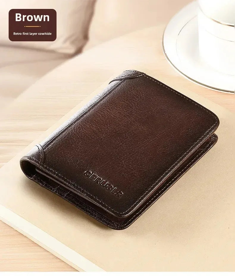 Men Wallet Genuine Leather Rfid Blocking Trifold Wallet Vintage Thin Short Multi Function ID Credit Card Holder Male Purse Money