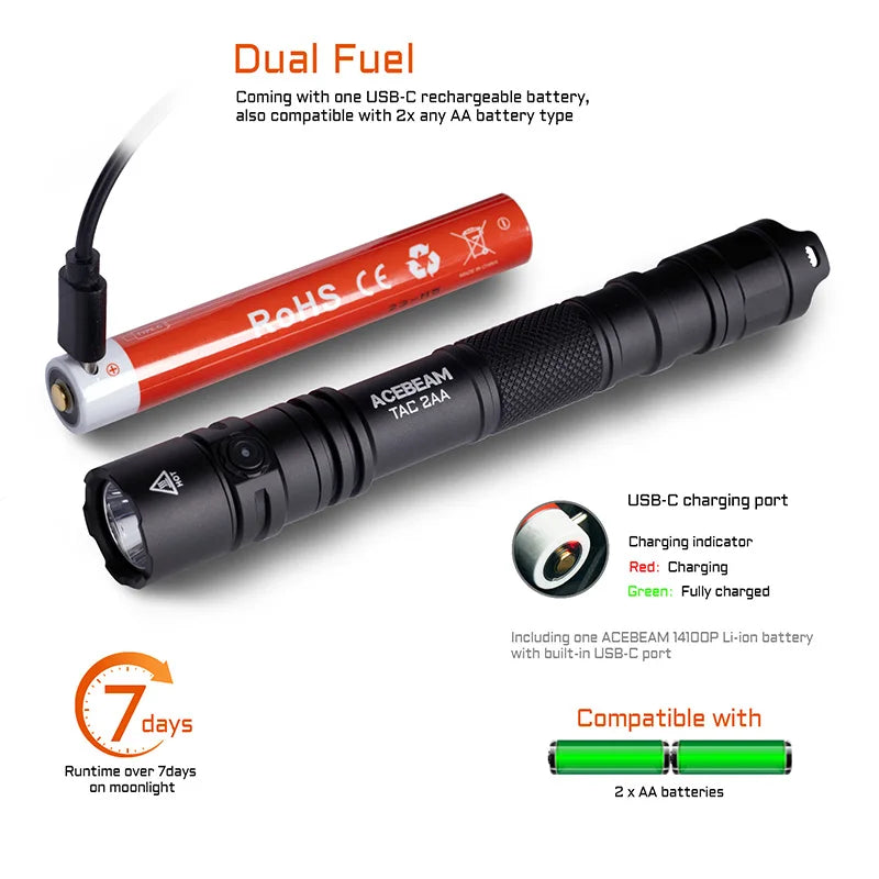 ACEBEAM TAC 2AA LED flashlight 1600 lumen 181 meters portable EDC flashlight USB-C rechargeable battery double buttons torch by Smarsty
