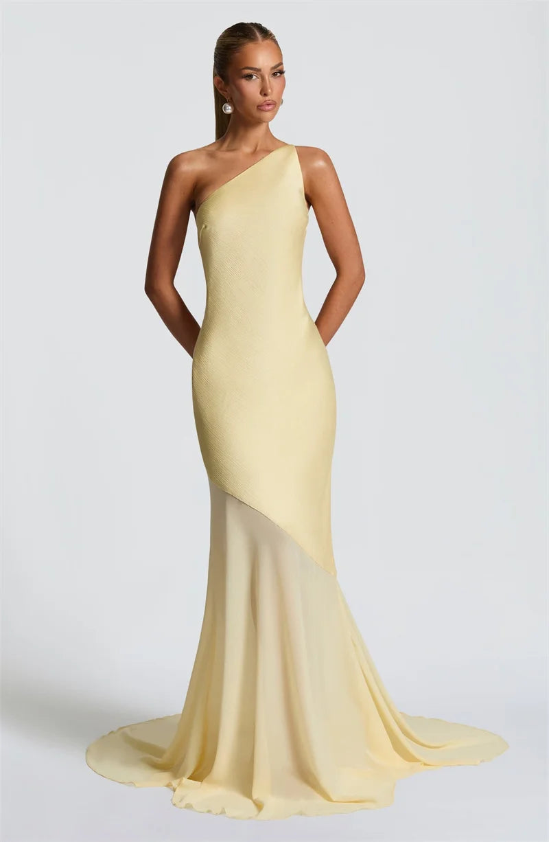 Mozision One Shoulder Backless Sexy Maxi Dress Women Gown Fashion Patchwork Sleeveless Bodycon Club Party Long Dress Elegant - Smarsty