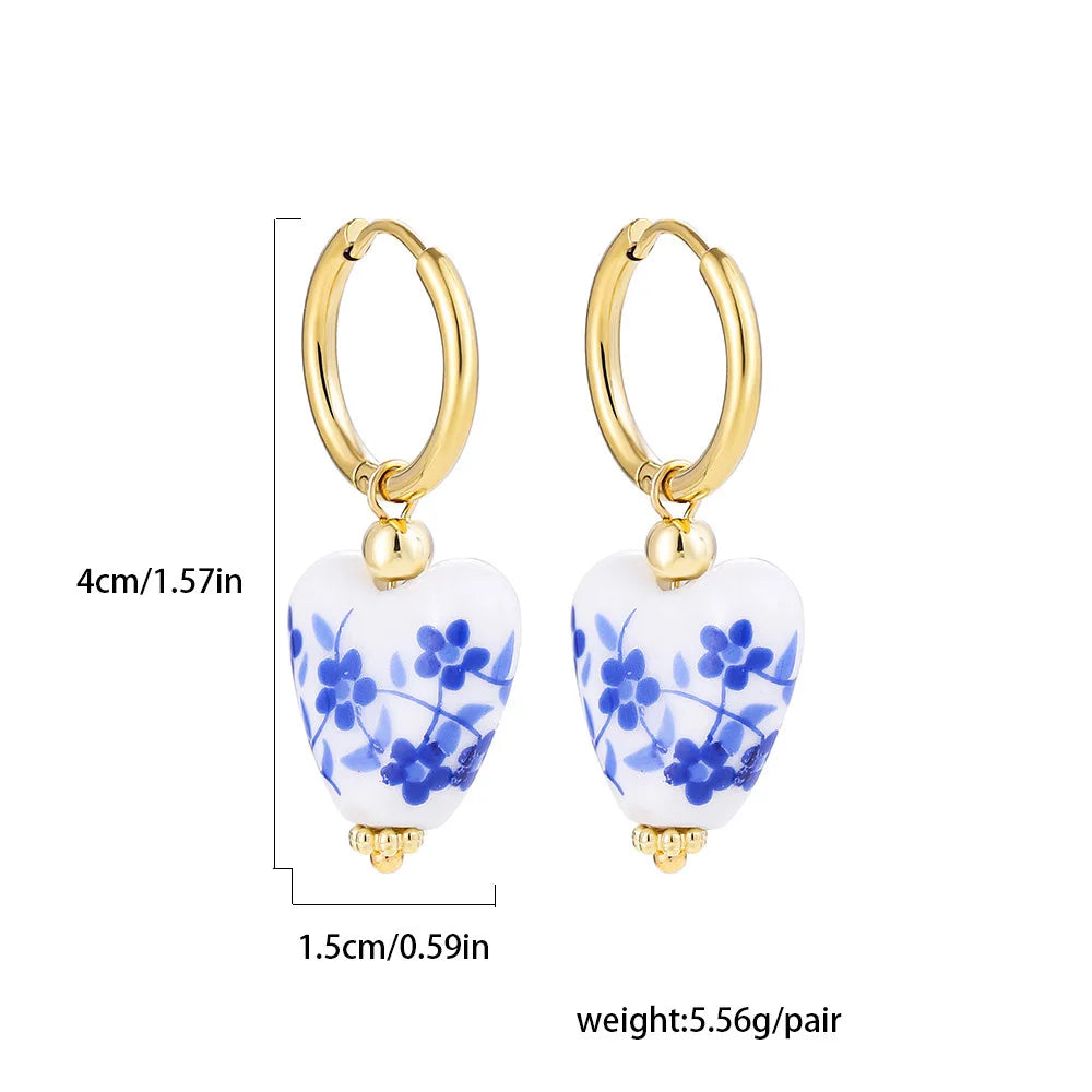Vintage Blue White Porcelain Teapot Heart Dangle Earrings - Smarsty