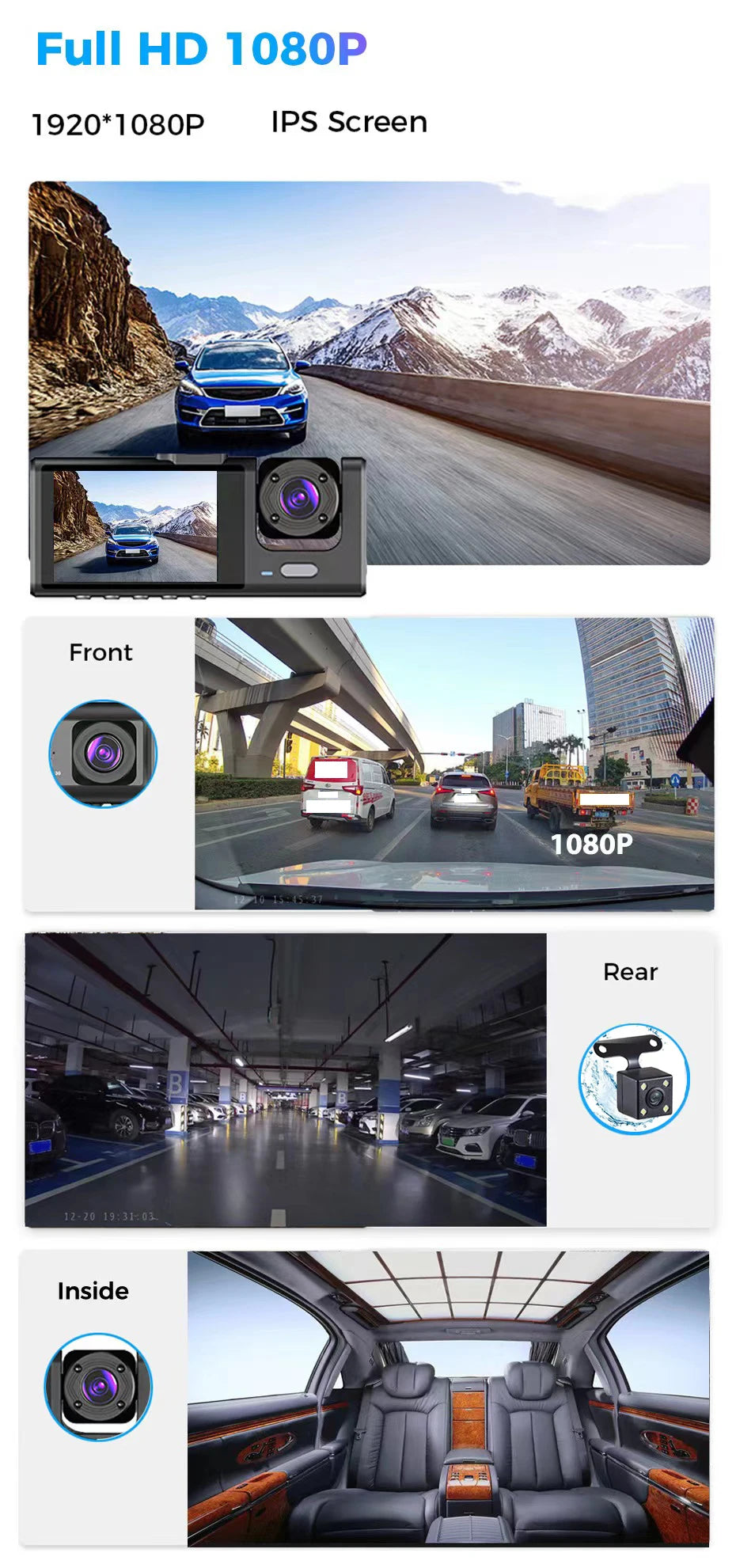 Dash Cam W/ IR Night Vision Loop Recording & 2" IPS Screen 1080P 3 Camera , DVR recorder, video recorder, Vehicle DVR - Smarsty