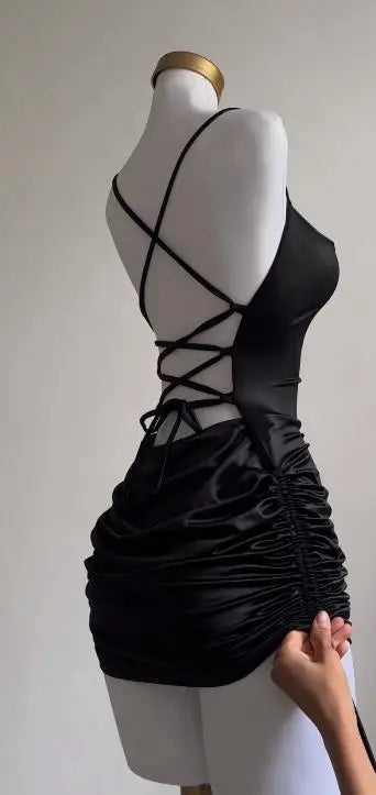 2024 Europe and the United States explosive new cross-border dress summer high sense lace-up sexy halter spice bag hip skirt - Smarsty