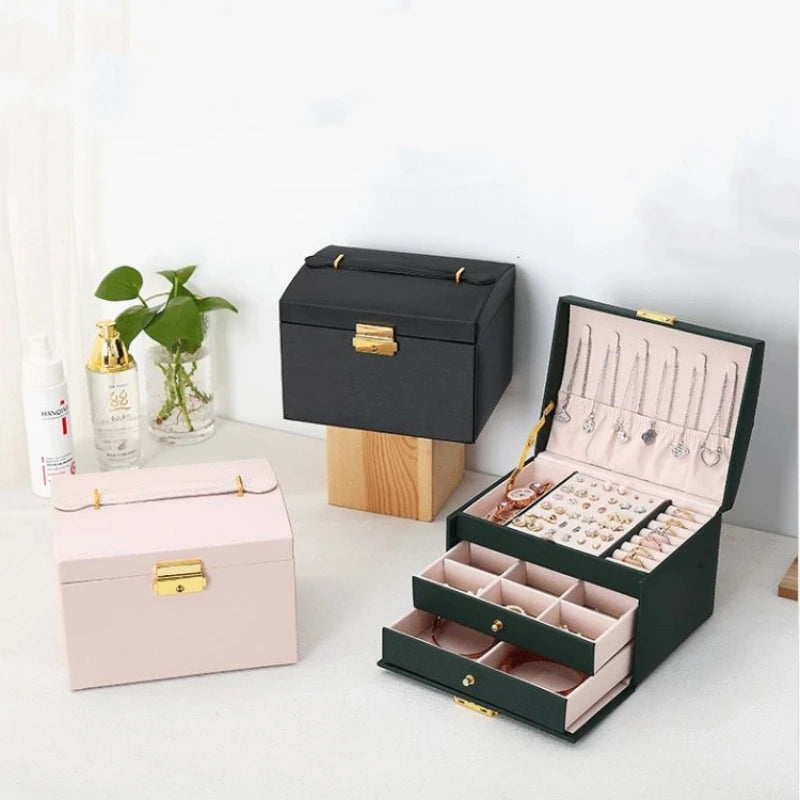 Multi Functional Three Layer Leather Jewelry Box - Smarsty