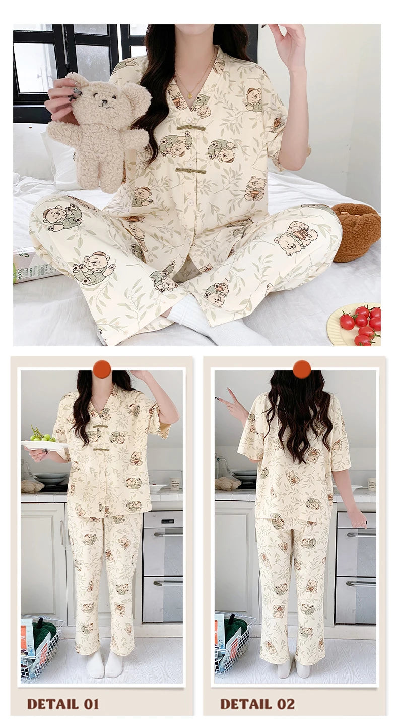 Pigma For Women Cotton Pajama Sleepwear Big Size Pajamas Nightwear Summer Women's Short Sleeved Long Pants Cardigan Pajama Set - Smarsty