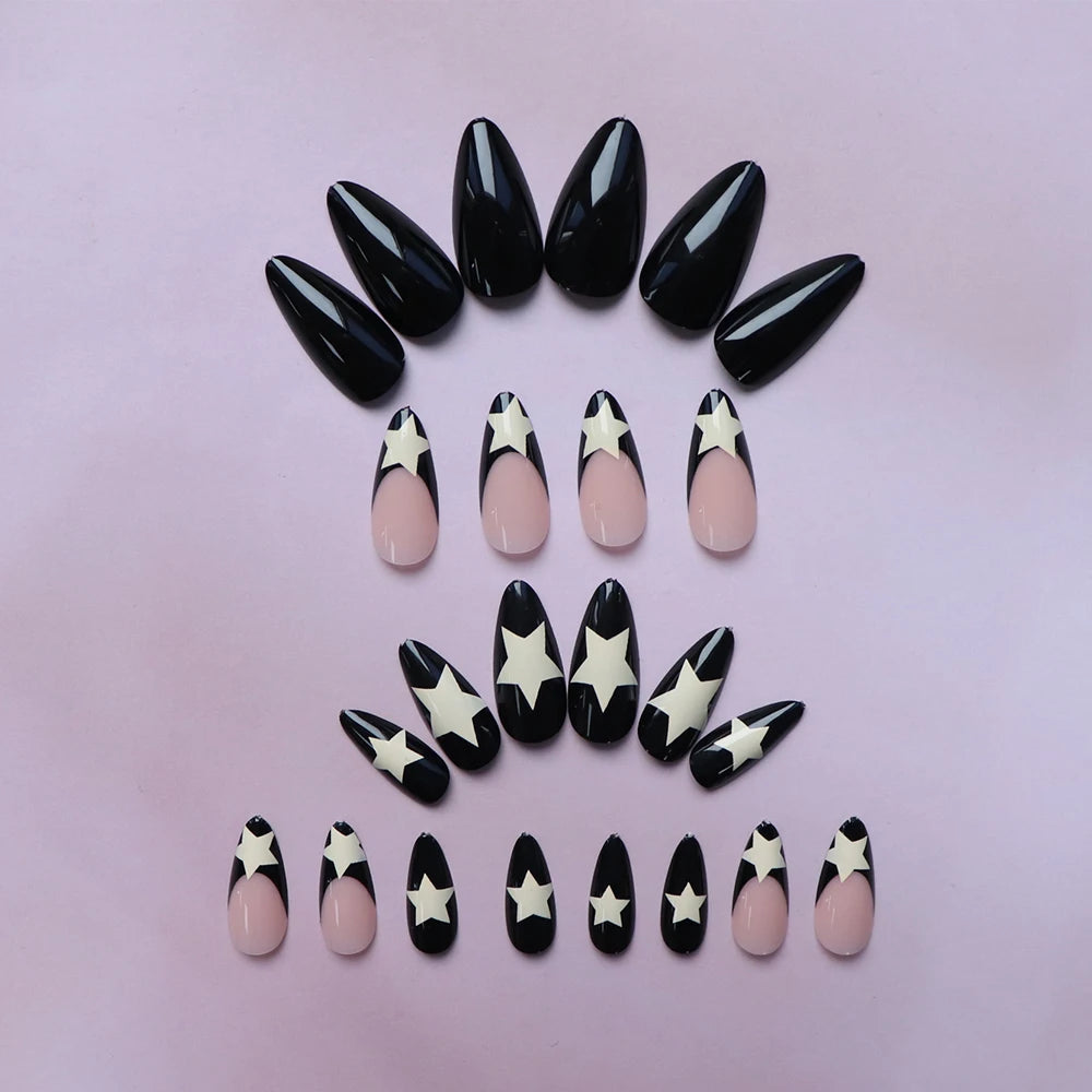 24PCS Medium Pink Black French Tip Press On Nails - Smarsty