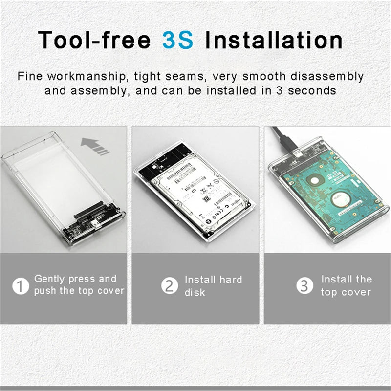Transparent HDD Case HDD Enclosure 2.5 Inch SSD SATA To USB Type-C Adapter Portable External Hard Drive Box Tool-Free
