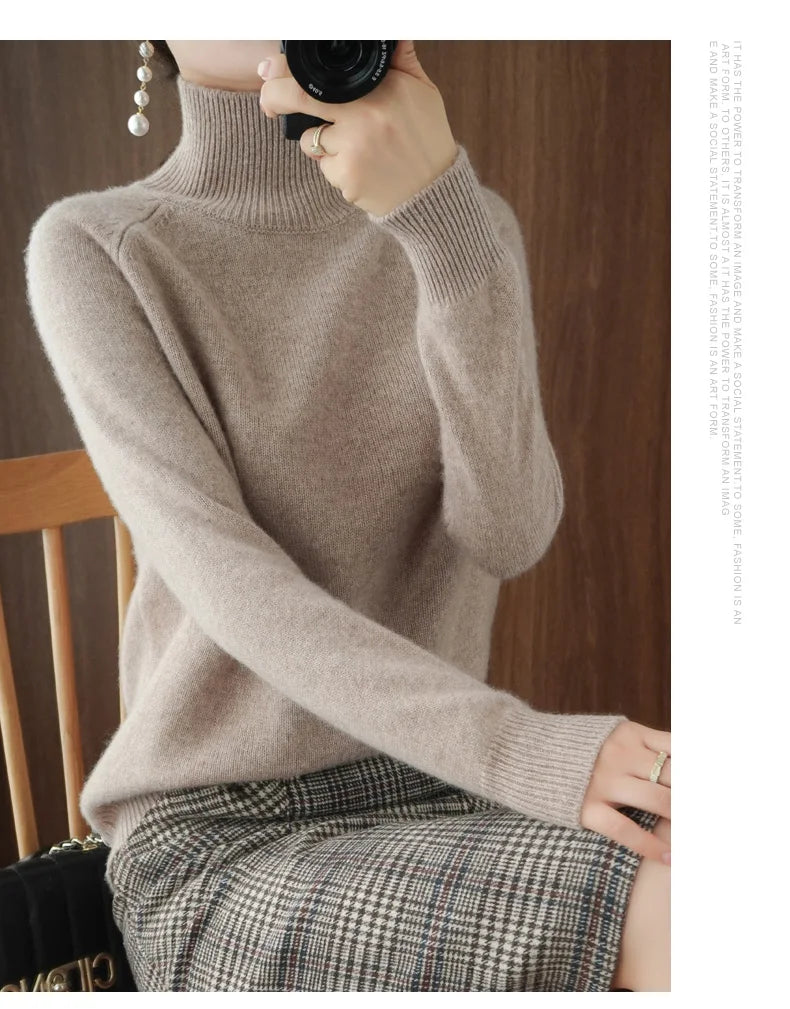 Fashion Basic Autumn Winter Merino Wool Sweater Mock Neck Cashmere Pullover Solid Color Soft Long Sleeve Clothing Tops - Smarsty