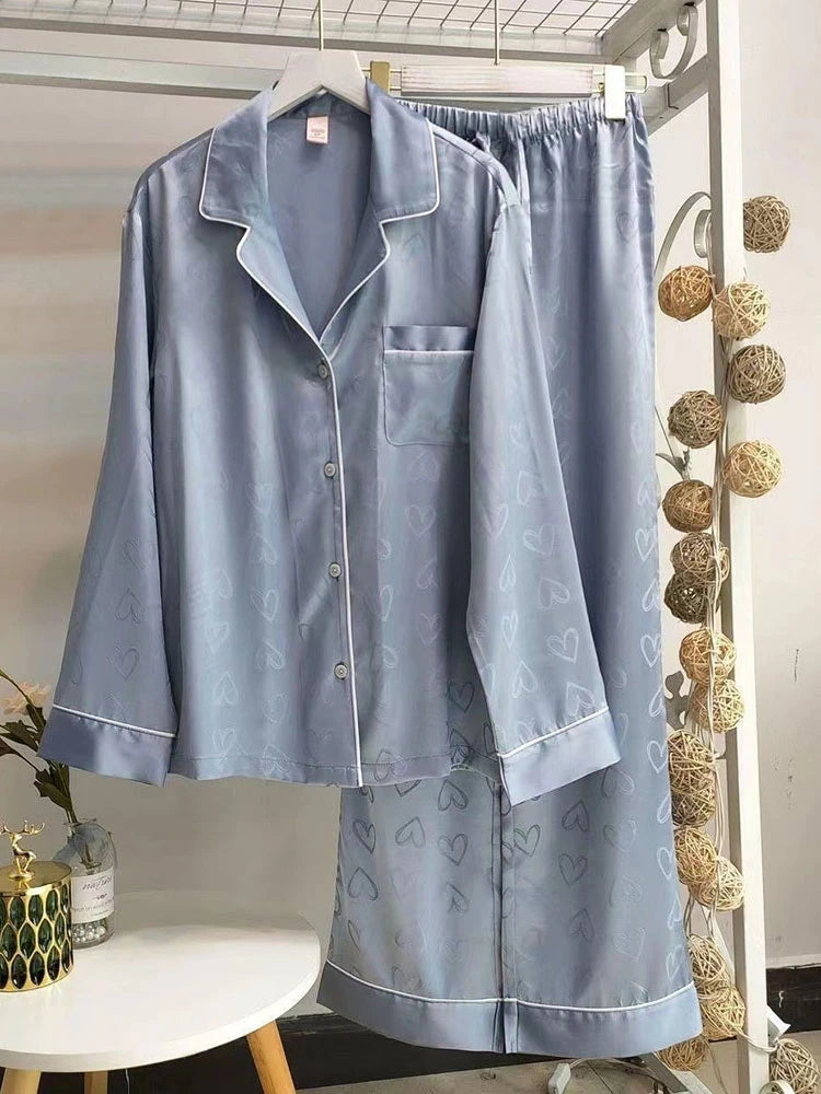 Ice Silk Pajamas Women's Long Sleeve Lace Premium Sense Two Piece Suit Sweet Homewear Love Blue Ladies Sleepwear Loungewear - Smarsty