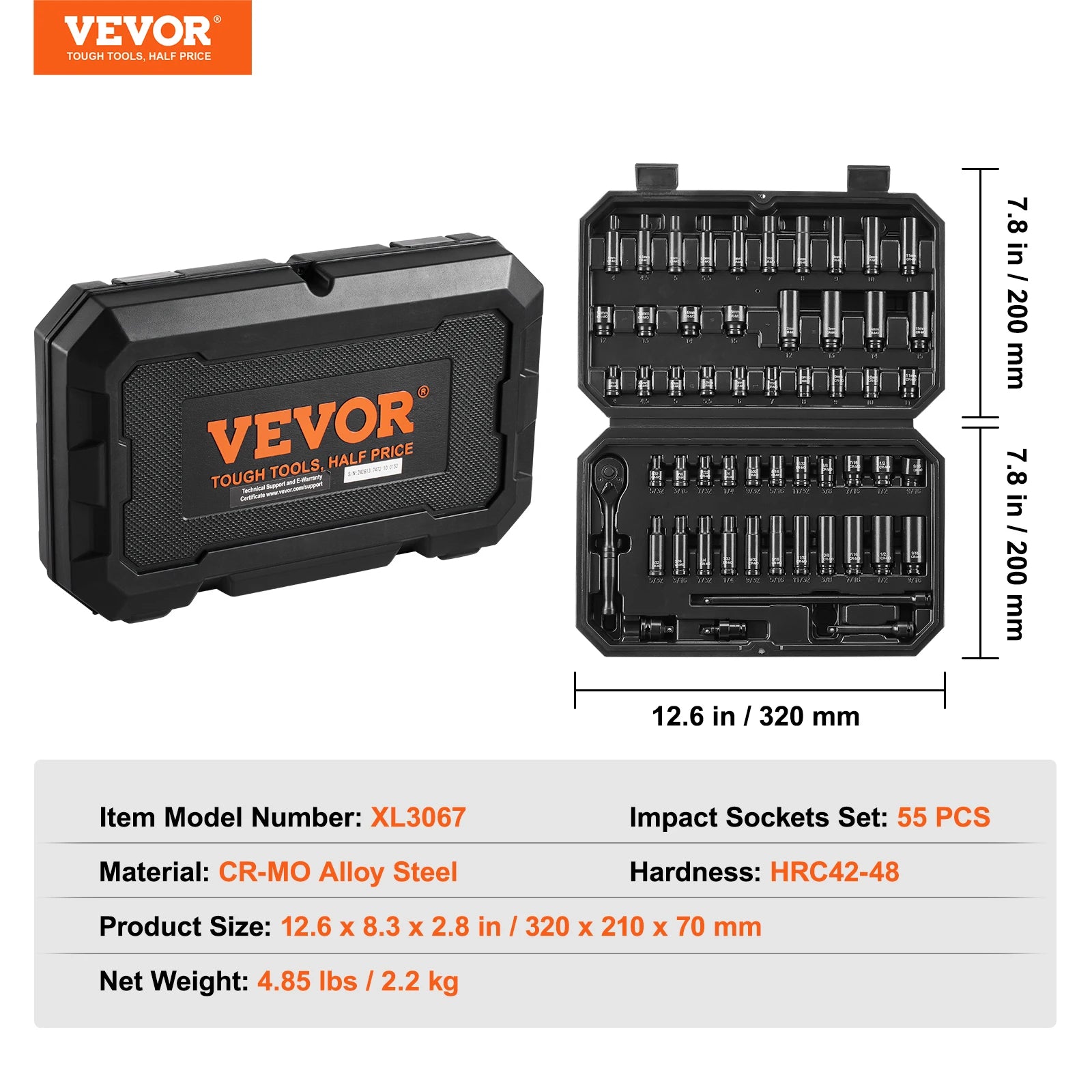 SucceBuy Drive Impact Socket Set Deep Shallow Socket Set CR-V Alloy Steel Auto Repair Easy-to-Read Size Markings Storage Case