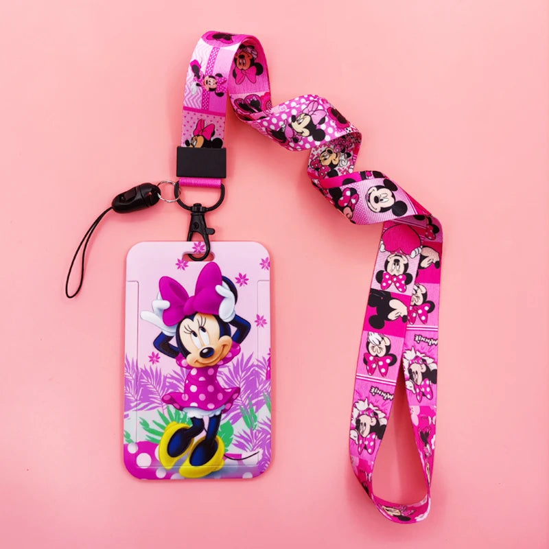 Disney Pink Lanyard ID Badge Holder Mickey Credit Card Case Neck Strap Minnie Card Holders Girl Credentials Accessories Keychain