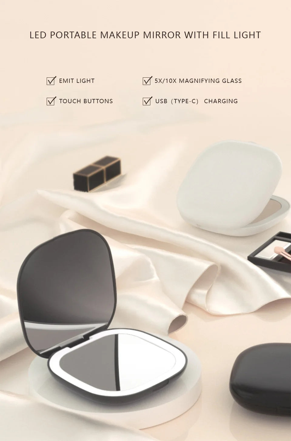 Compact Foldable LED Makeup Mirror With 5x/10x Magnification - Smarsty