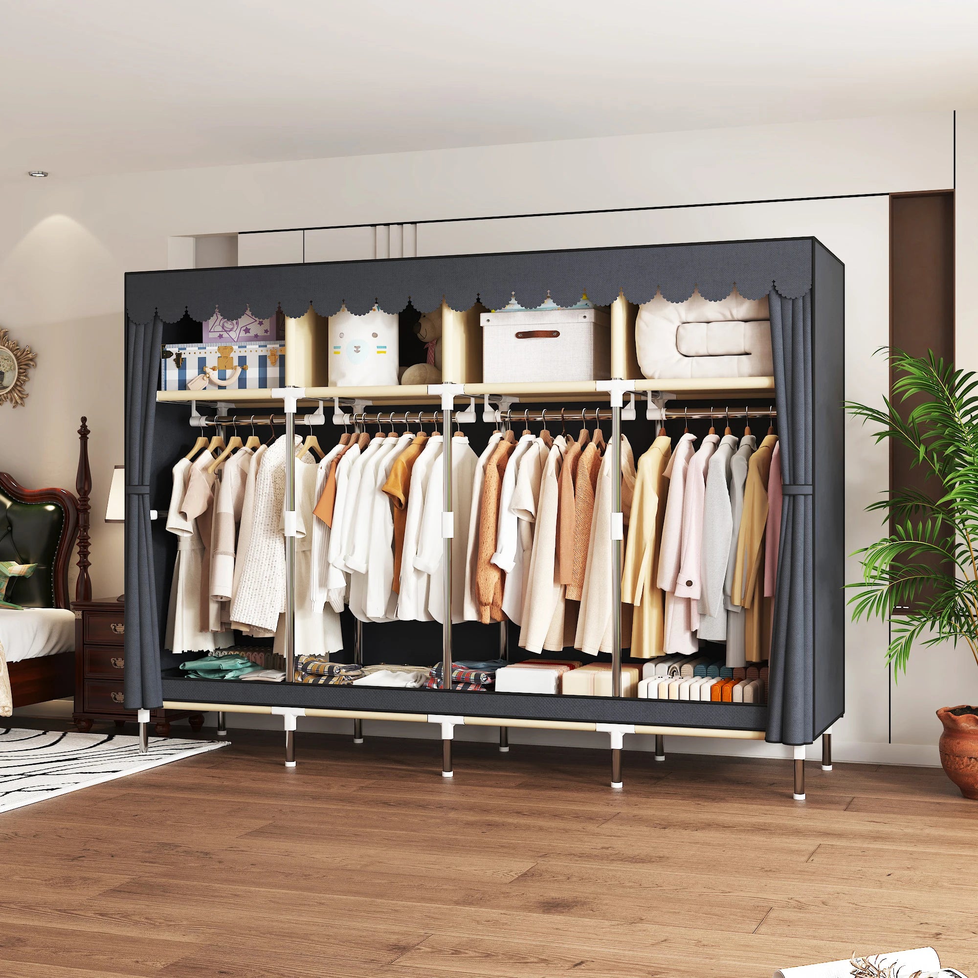 Heavy Duty Fabric Wardrobe 78.7x17.7x66.9in - 4 Hanging Rods & 4 Storage Spaces, 16mm Metal Frame with Thick Dust Cover