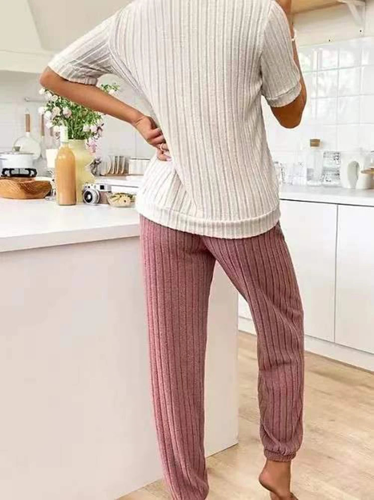 Women's new style pajamas set heart pattern short sleeve shirt trousers two-piece simple and lovely casual home wear - Smarsty
