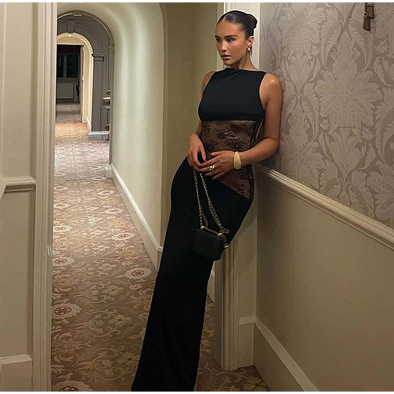 Elegant Lace Halter Dress Women Slim V-neck Backless Evening Long Dresses Woman Sleeveless Vintage Party Robe Lady Spring Summer - Smarsty