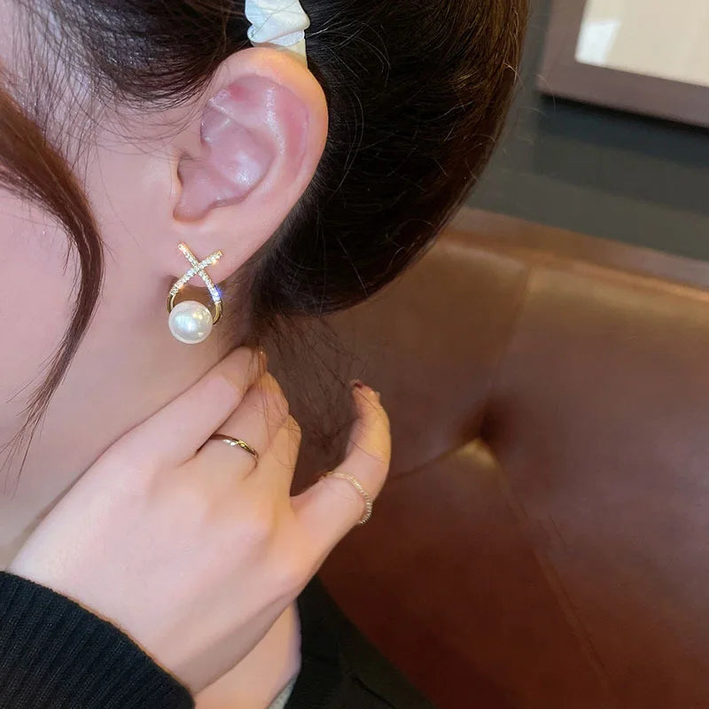 Pearl Long Earrings With Rhinestones For Wedding Fashion - Smarsty