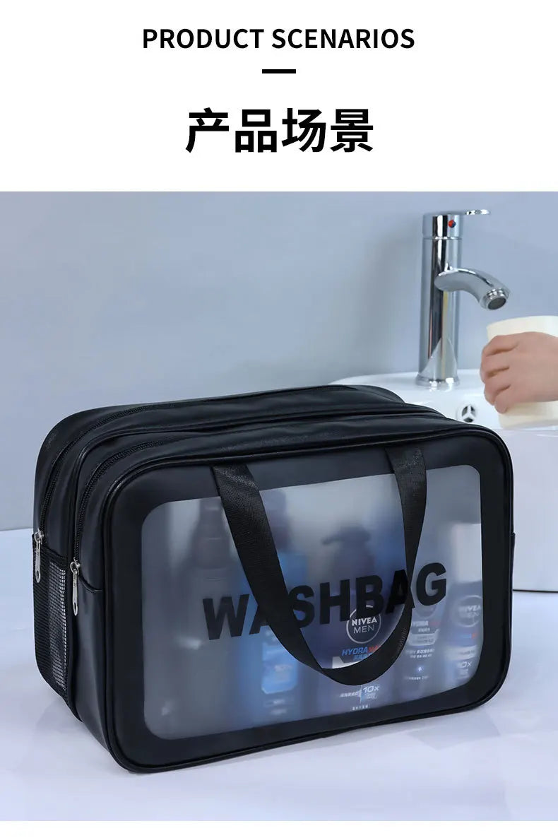 Dry-wet separation double transparent PU makeup bag portable washing bag cosmetic storage bag travel fitness swimming essentials - Smarsty