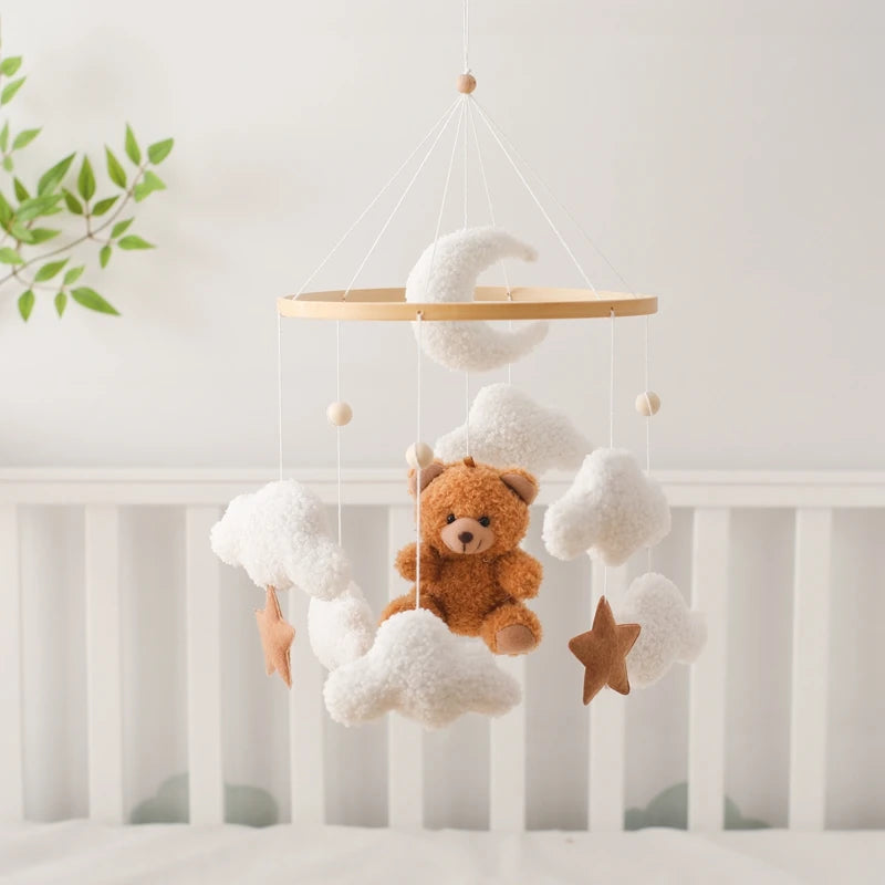 Wooden Crib Mobile Baby Bed Bell Rattle Toy Soft Felt Cartoon Bear Mobile Hanging Newborn Music Box Bed Bell Hanging Bracket Toy by Smarsty