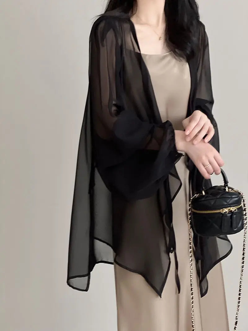 Shirts Women V-neck Loose Long Sleeve Open Stitch Korean Style Lace-up Simple Solid Summer Chiffon Breathable Minimalist Stylish - Smarsty