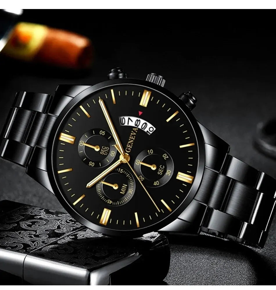 Luxury Black Stainless Steel Men's Watch with Calendar Feature - Smarsty