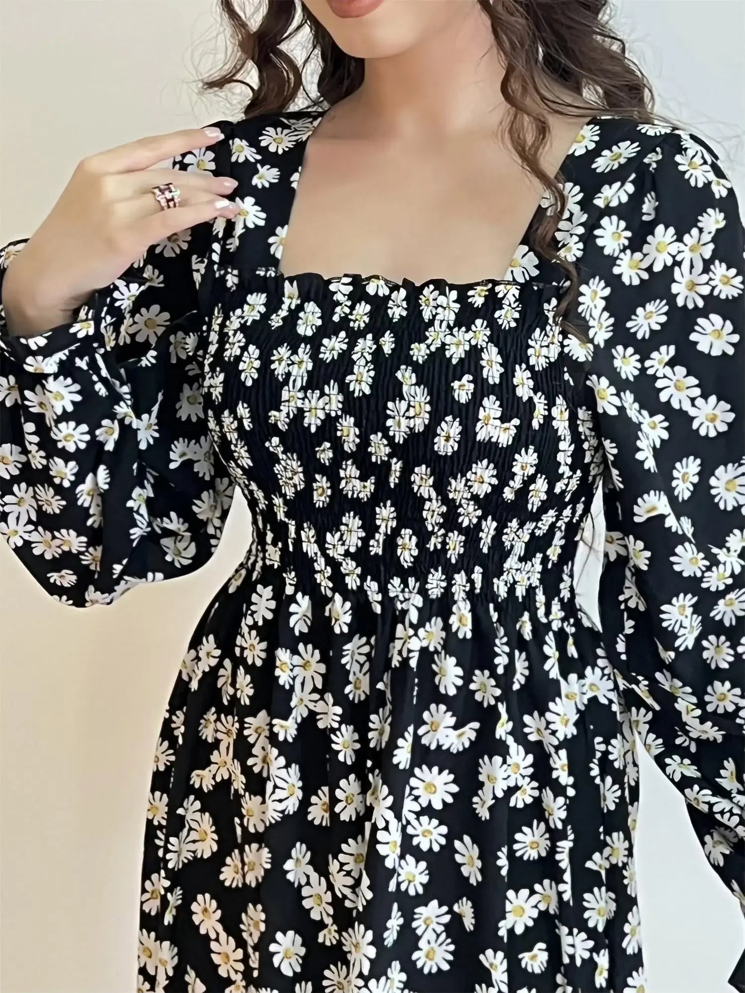 Long Sleeve Casual Dress Women Chiffon Dresses Autumn Spring A-line Printed Floral Elastic Chest Lace Up Midi Dresses Vestidos - Smarsty