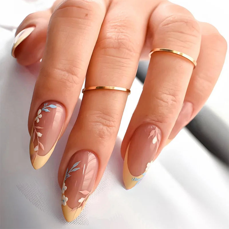 Colorful Press On Almond Nails Set with Pearl Flowers - Smarsty