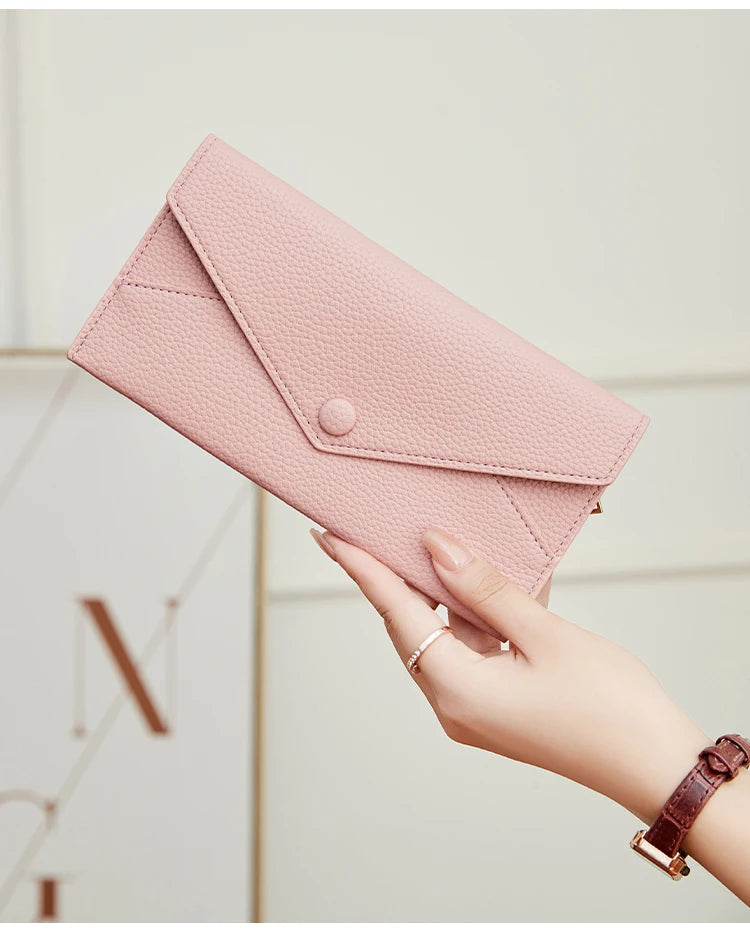 RFID Anti-Theft Purse for Women, Lychee Print, Soft Leather, Envelope Long Wallet, Ultra-thin, Portable, Simple Hand Bag