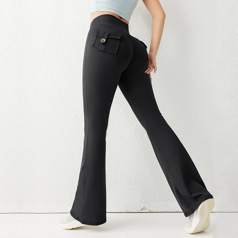 Solid Color Butt Lifting Gym Fitness Pants High Waist Flared Yoga Leggings for Women - Smarsty