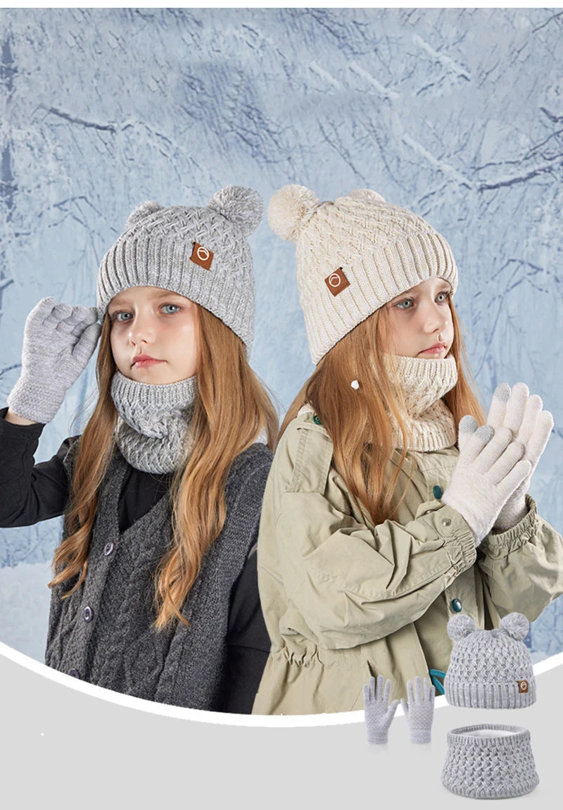 Winter Kids Hat Set Warm Beanie Scarf Gloves Pompom Fleece - Smarsty