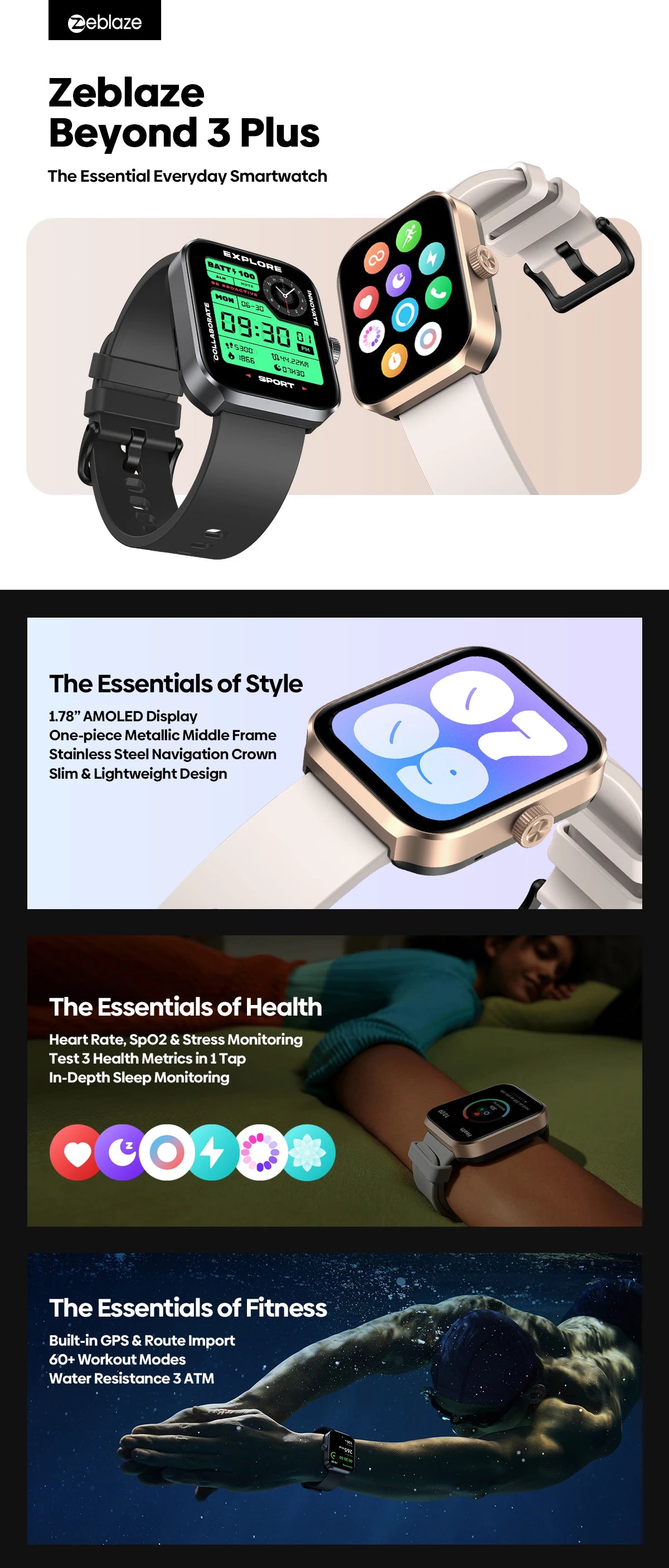Zeblaze Beyond 3 Plus GPS Smart Watch with AMOLED Display - Smarsty