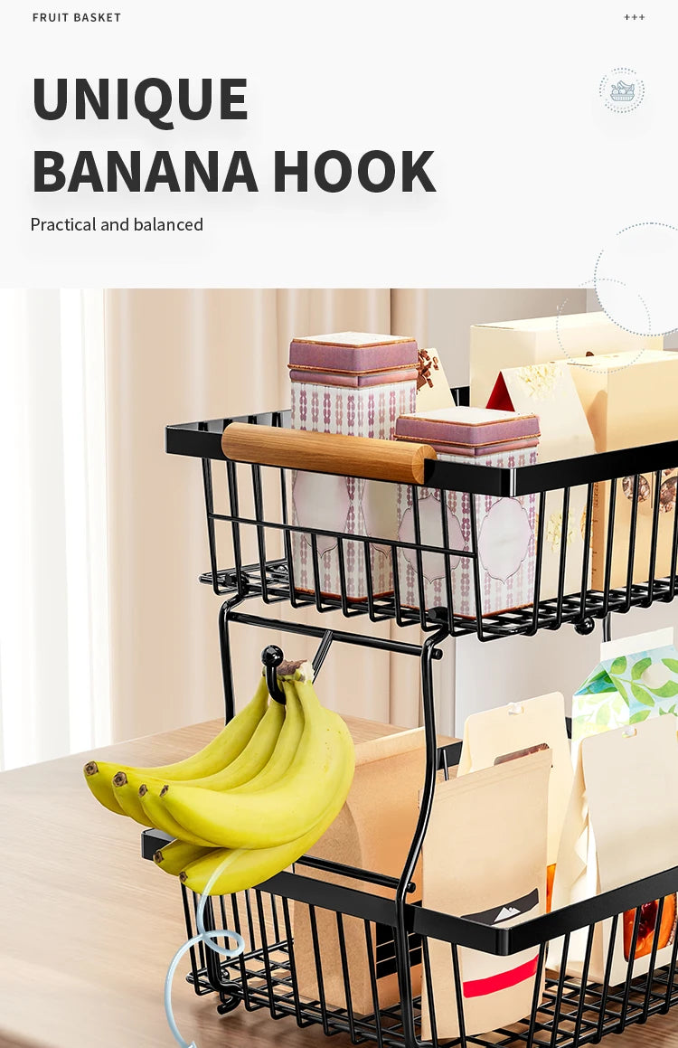 fruit basket vegetable basket,Metal storage basket with hook and wooden handle,Stackable and removable kitchen storage rack