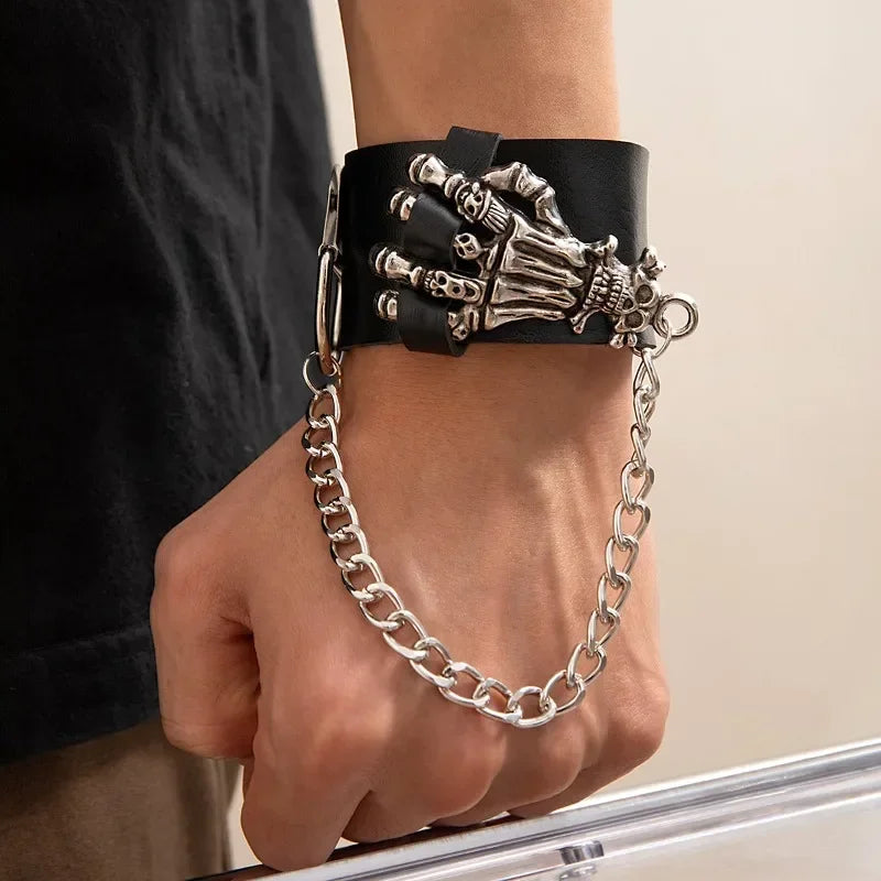 Unisex PU Leather Punk Bracelet with Spikes and Skull - Smarsty