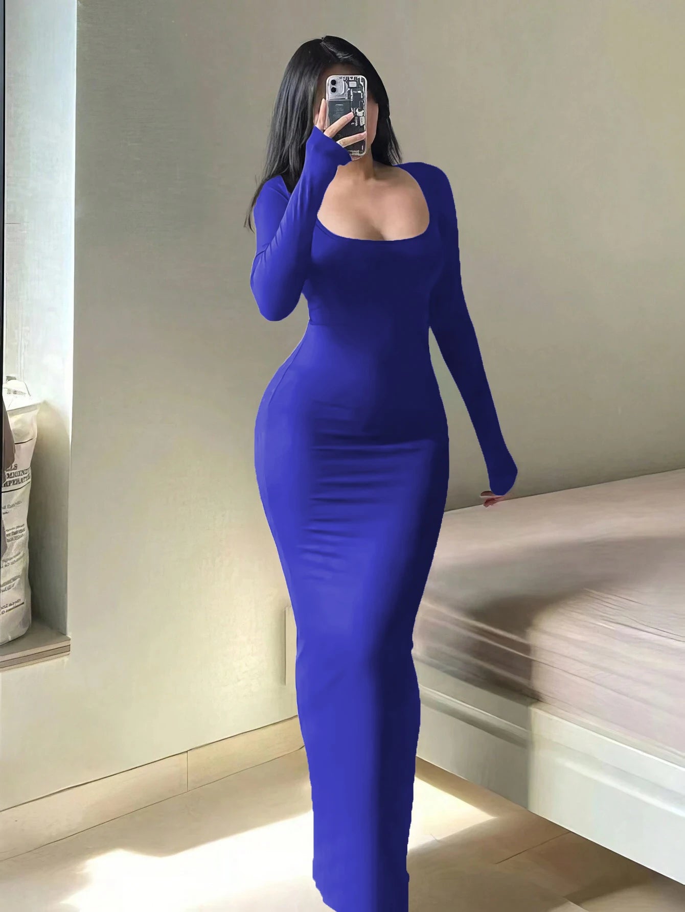 Women's Solid Long Sleeve Bodycon Dress, Chic Basic Minimalist Causual Fashion Scoop Neck Long Dress, Womenswear - Smarsty