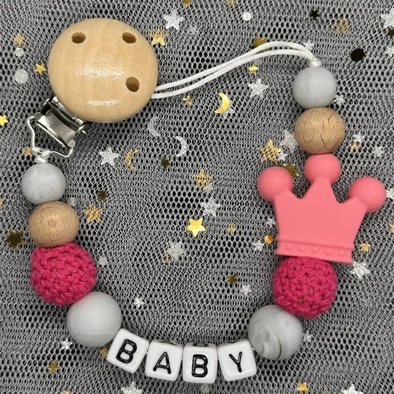 NEW Custom Personalized Name Pacifier Clip Handmade Beech Wooden Chain Silicone Crown Holder Soother Baby Teething Toy Chew Gift by Smarsty