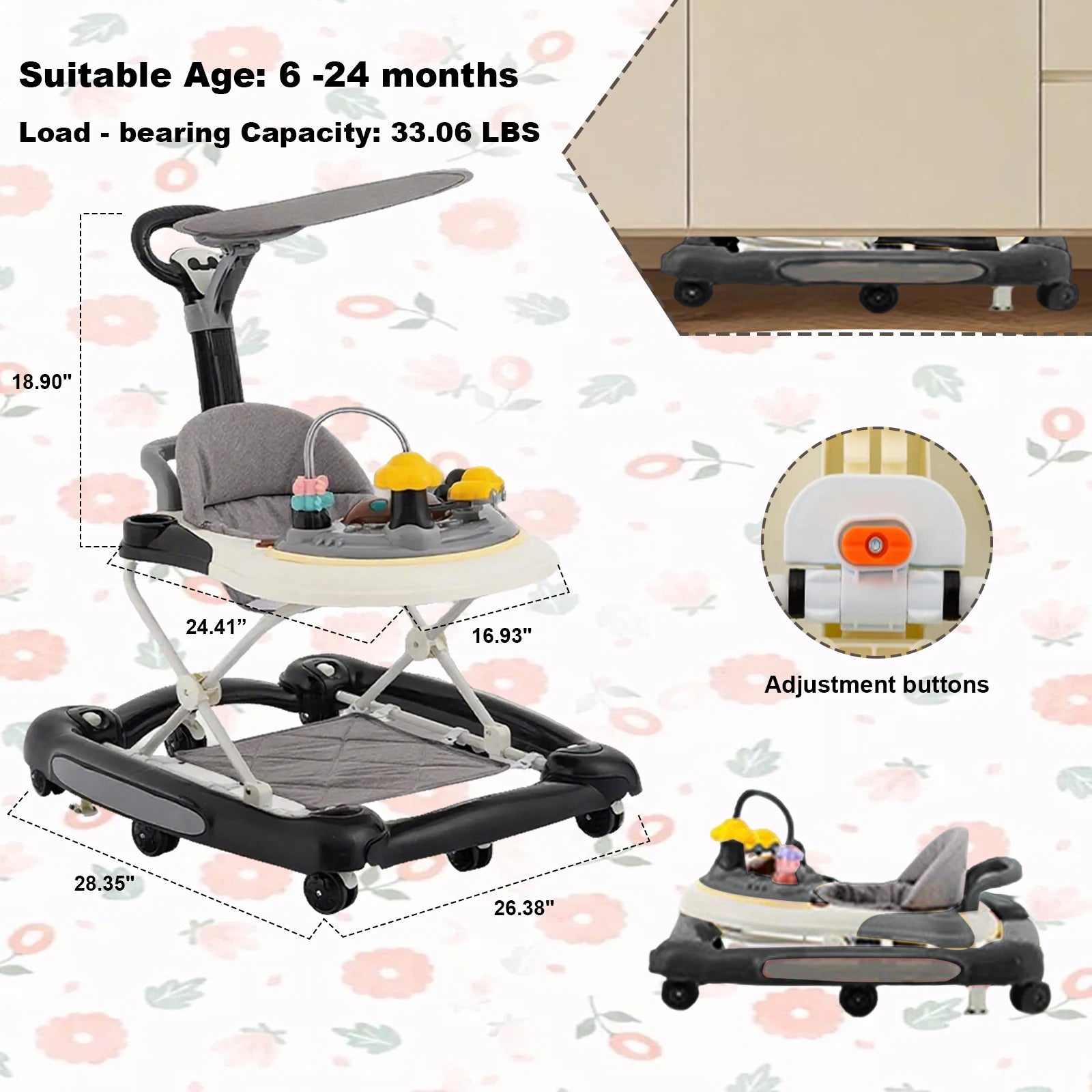 Baby Walkers With Universal Wheel Anti-Roll Anti O-Leg Walker Handcart Learning Start Walker Foldable Multifunction