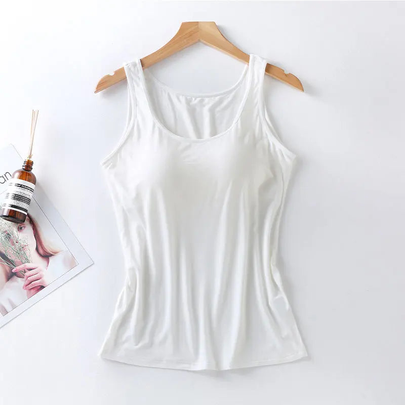 2023 Women's Vest Tops with Built In Bra Neck Vest Solid Color Padded Slim Fit Tank Tops Sexy Shirts Feminino Casual Tank Tops - Smarsty