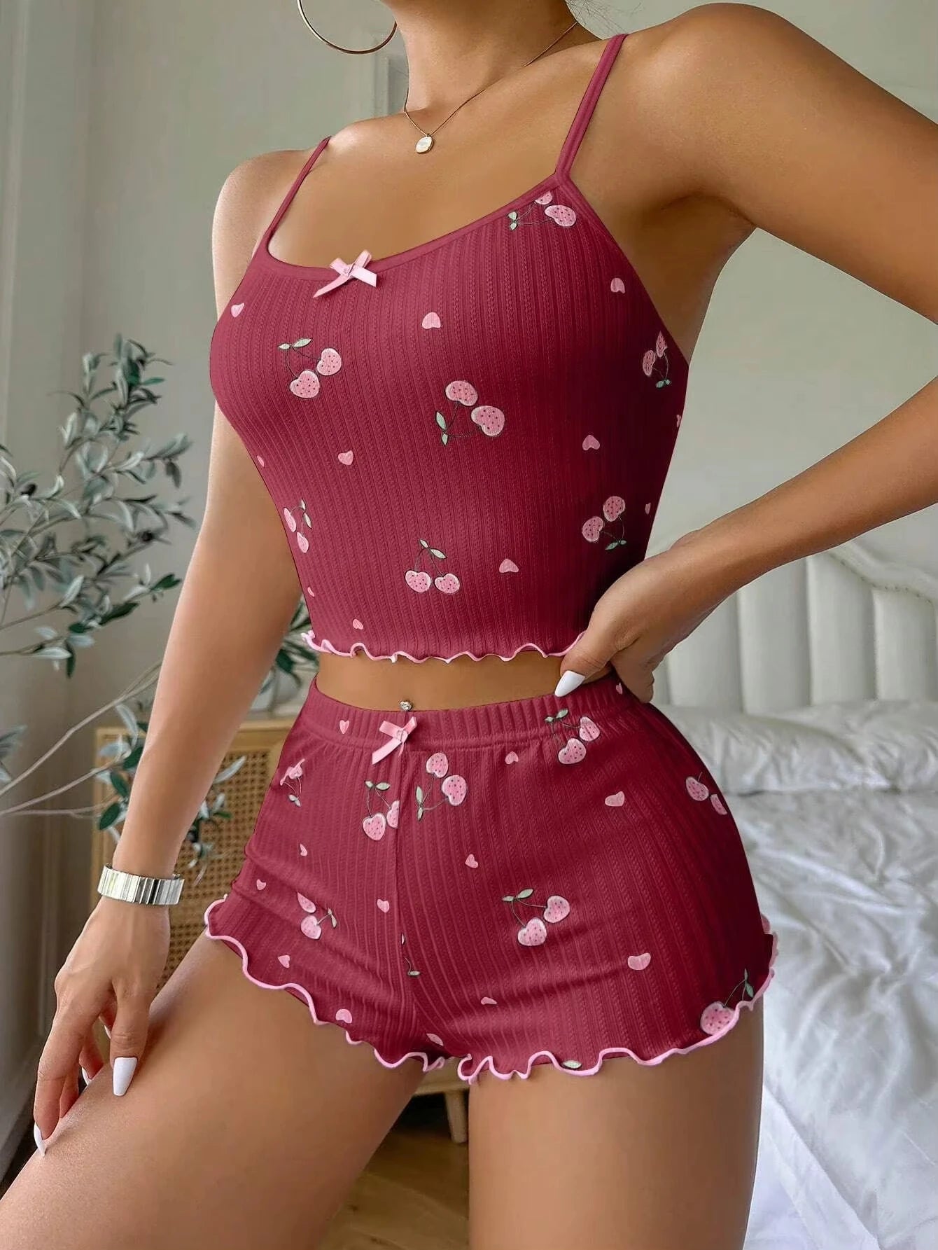Sleepwear Women's Summer Pajama Set Heart Print Sexy Ribbed Bow Decor Round Neck Backless Crop Cami Top & Shorts Nightwear - Smarsty