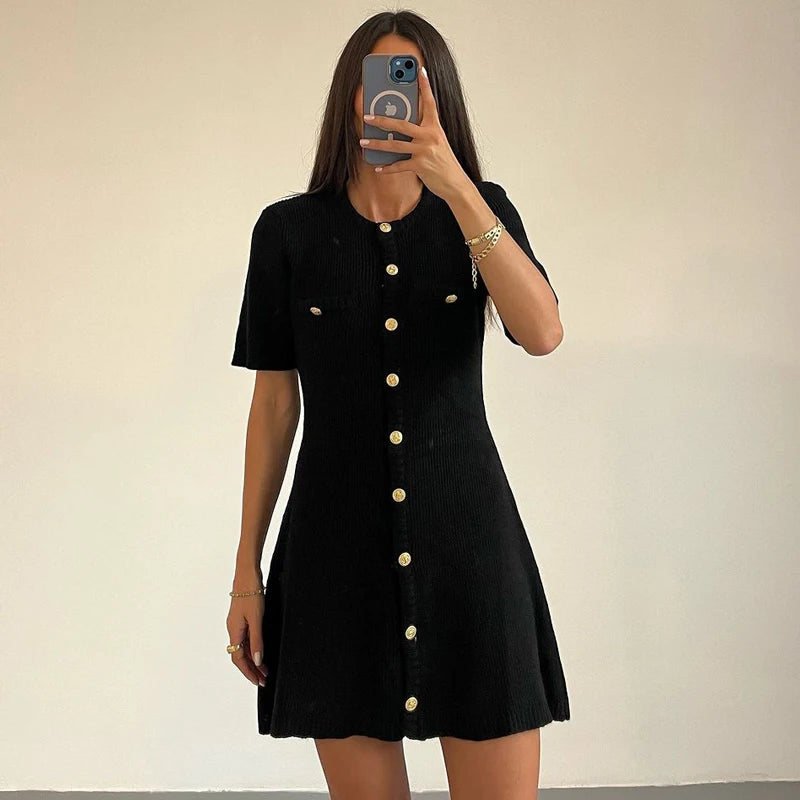 White Elegant Knitted Mini Dress For Women Metal Button Sexy Slim Rib Sweater Dress Holiday Party Outfits Autumn 2024 New - Smarsty