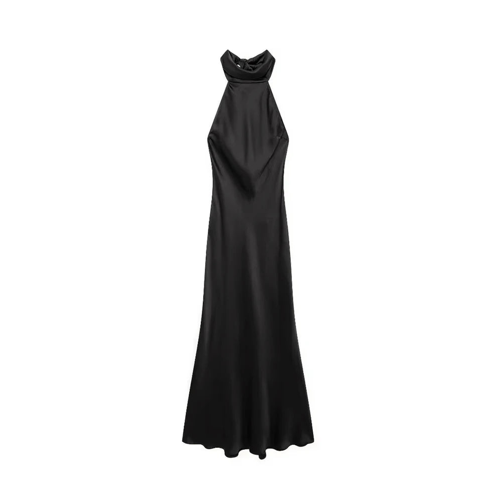 TRZA-Women's Long Satin Halter Dress, Backless, Bow Tied, Back Zipper, Female Dresses, Sexy Fashion - Smarsty