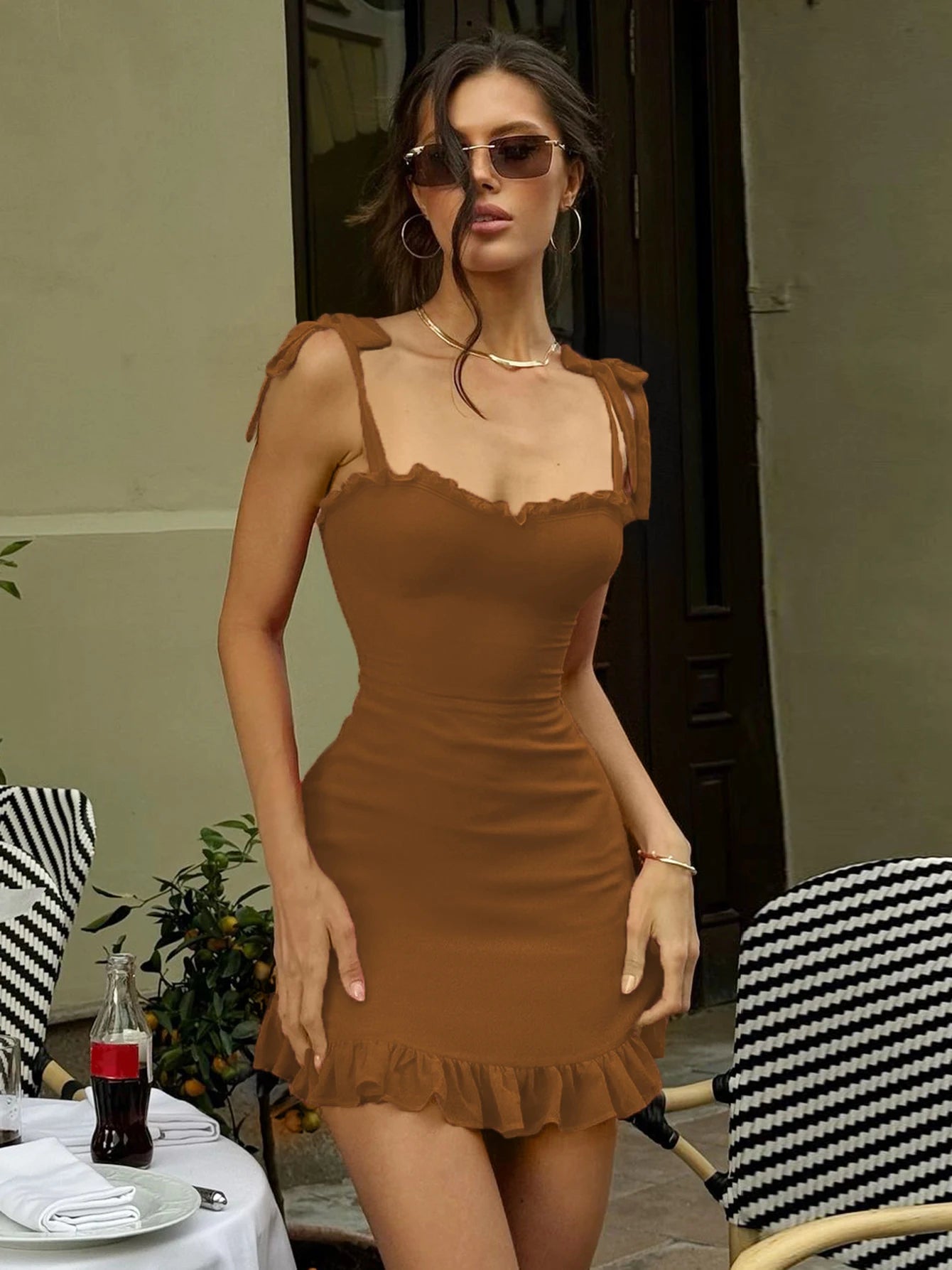 Hugcitar Elegant Solid Slips Ruffles Backless Bandage Patchwork Sexy Slim Mini Dress Summer Women Outfits Party Beach Festival - Smarsty