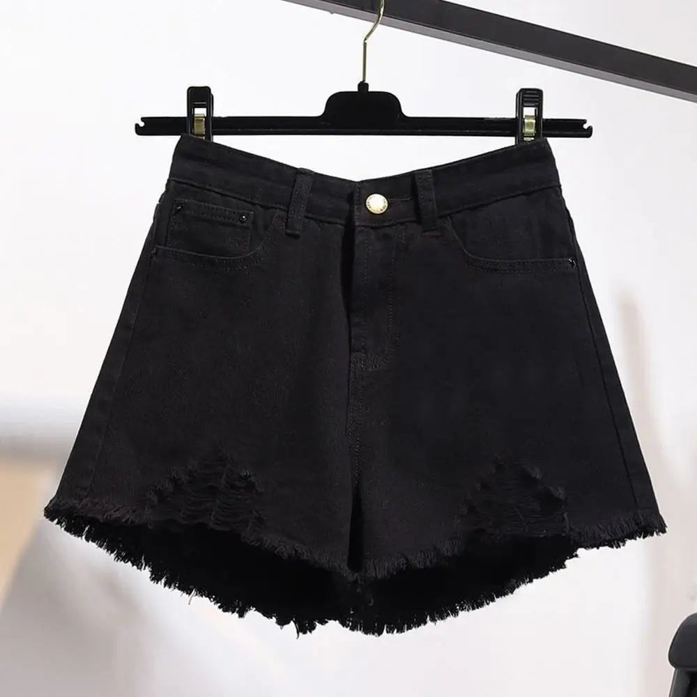 Summer Women's Cowboy Shorts Korean High Waist Casual Denim Shorts Pocket Tassel Perforated Ripped Holes Y2K Girls White Jeans - Smarsty