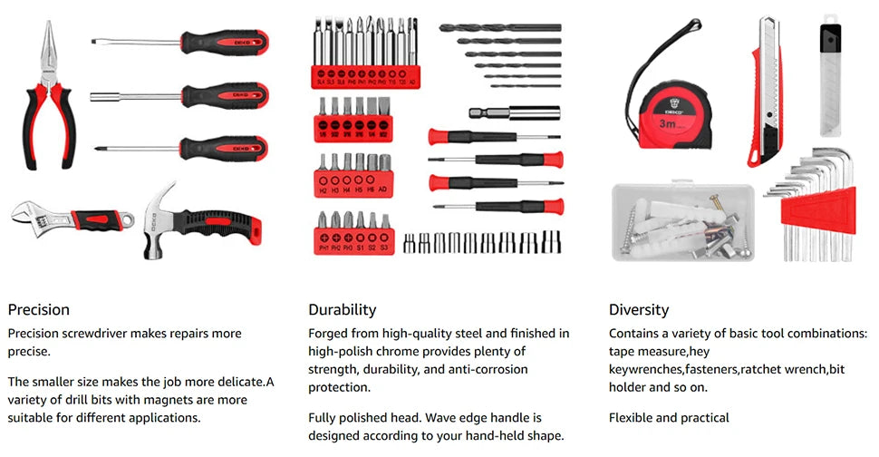 DEKO Drill Set Tool Set with 8V Red Cordless Drill, Home Tool Kit with Drill, Hand Tool Kits for Women 126 Piece