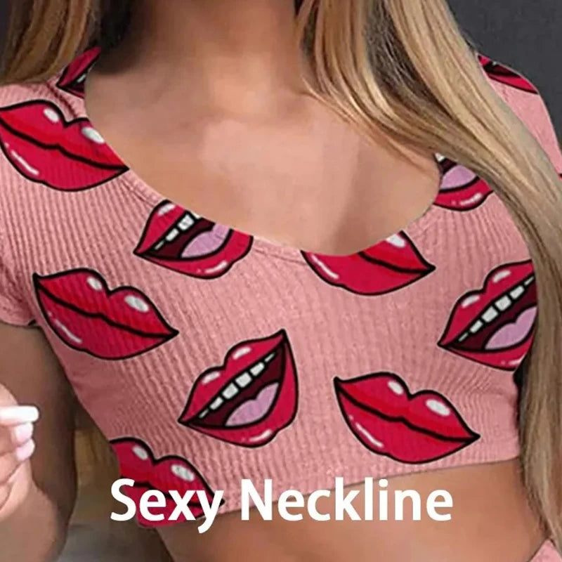 Summer Short Sexy Casual Lips Print Female Sleepwear Suit Pajamas Top+Pants Skinng Women Homewear Underwear - Smarsty