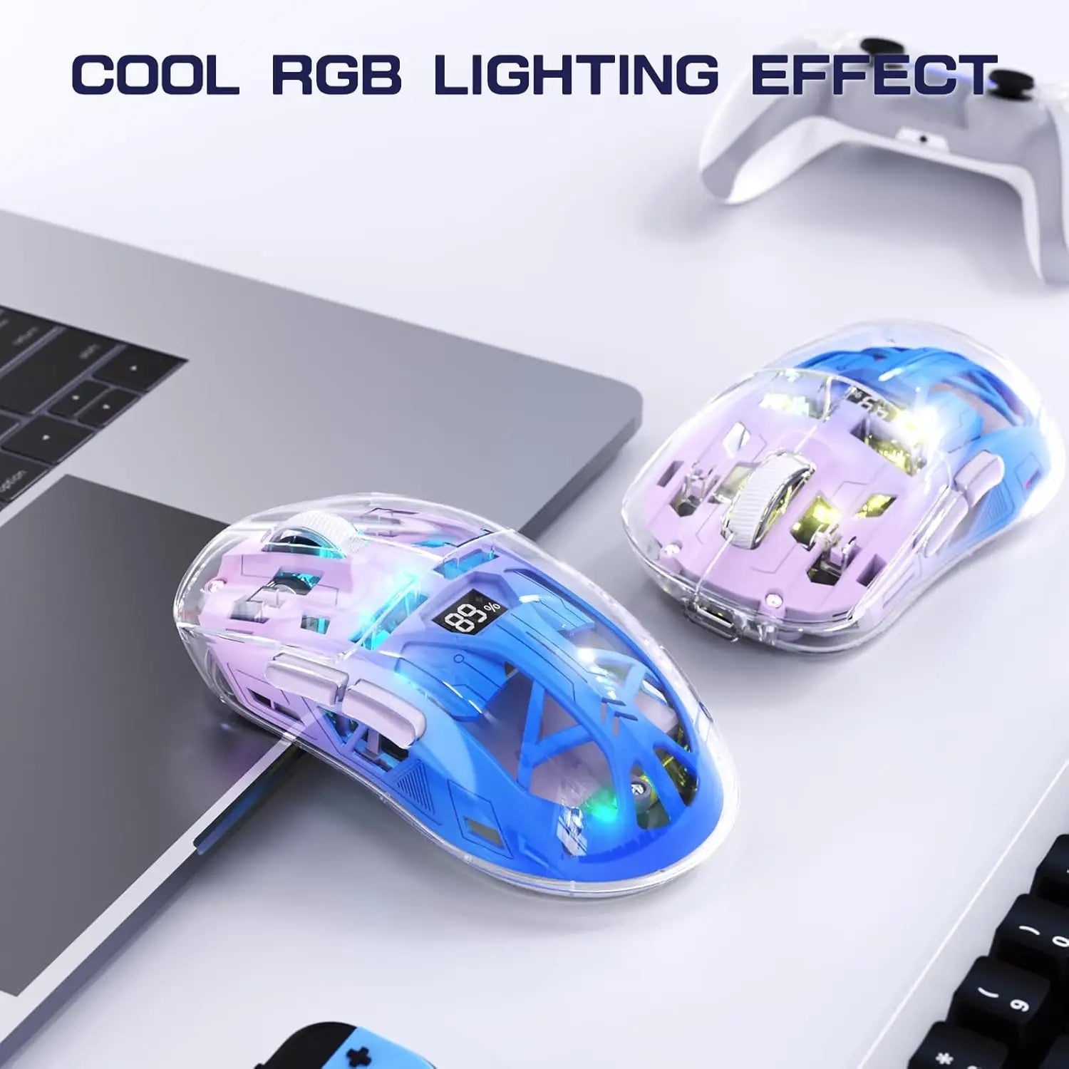 A2 Transparent Wireless Gaming Mouse, BT 5.0/2.4G PC Rechargeable RGB Mice with Digital Screen,PixArt 3212, 5 Adjustable DPI