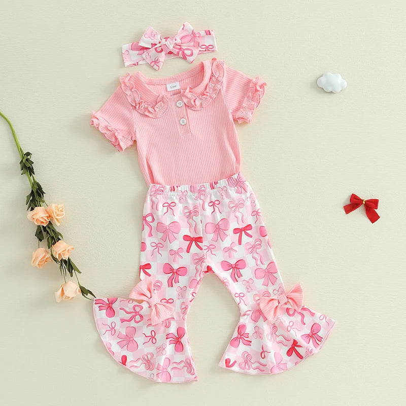 Toddler Girls 3-Piece Outfit Set with Ruffle Sleeve Romper Floral Print Bell Bottom Pants and Matching Headband