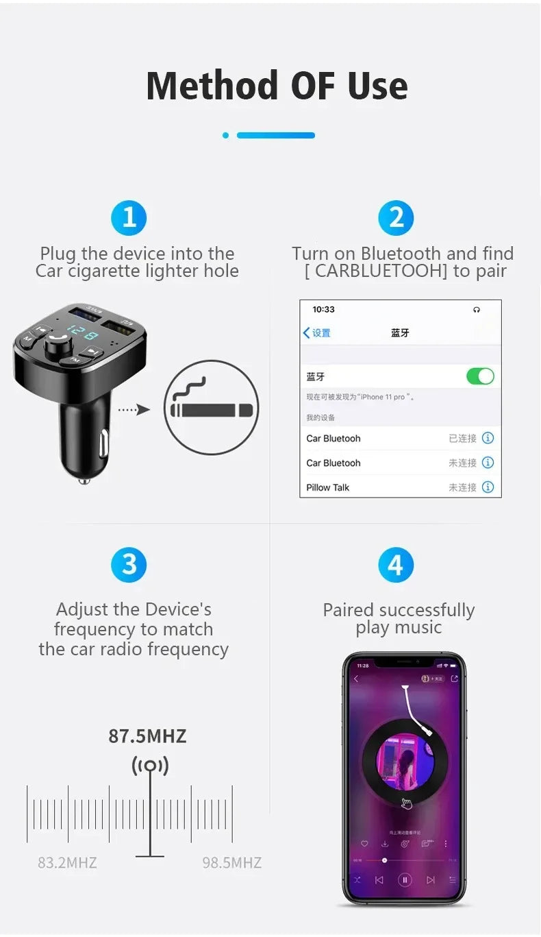 Car Bluetooth FM Transmitter Dual USB Fast Charger - Smarsty