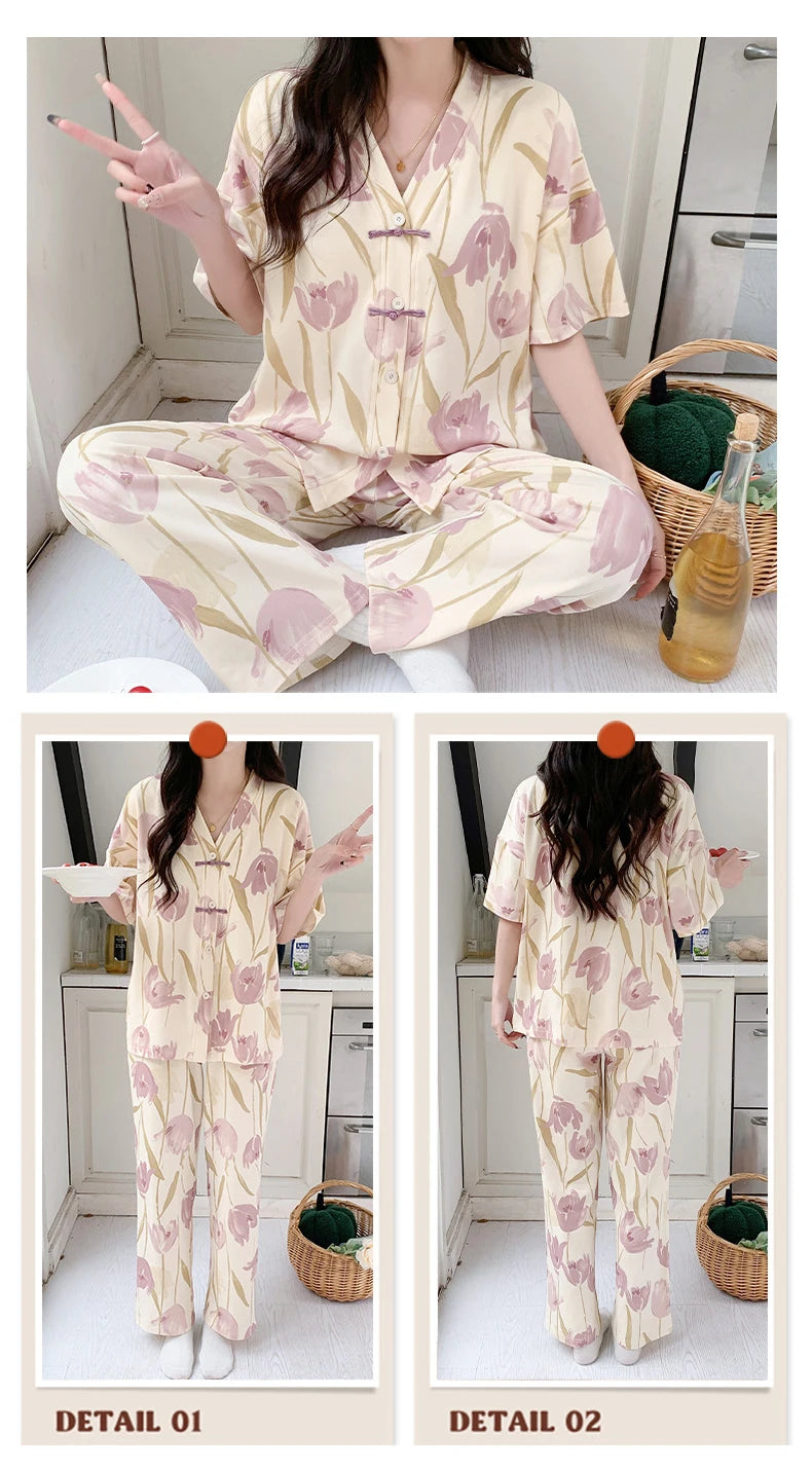 Pigma For Women Cotton Pajama Sleepwear Big Size Pajamas Nightwear Summer Women's Short Sleeved Long Pants Cardigan Pajama Set - Smarsty