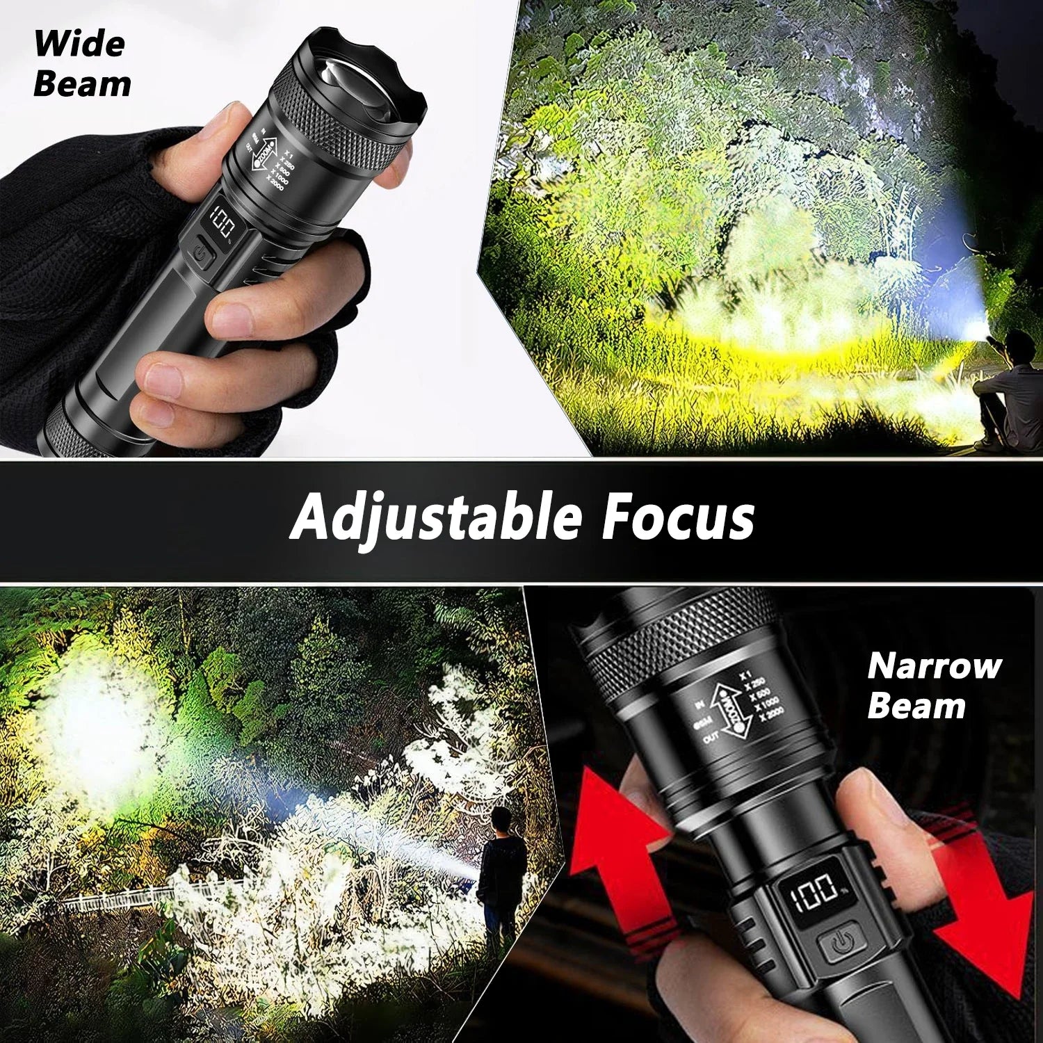 Rechargeable LED Flashlight Zoomable Torch with LCD Display 3 Modes Waterproof High Power Hand Light Outdoor Wilderness Camping - Smarsty
